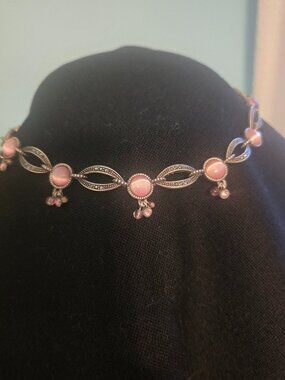 Pink Cat’s Eye Choker Necklace – Silver Tone Vintage Look